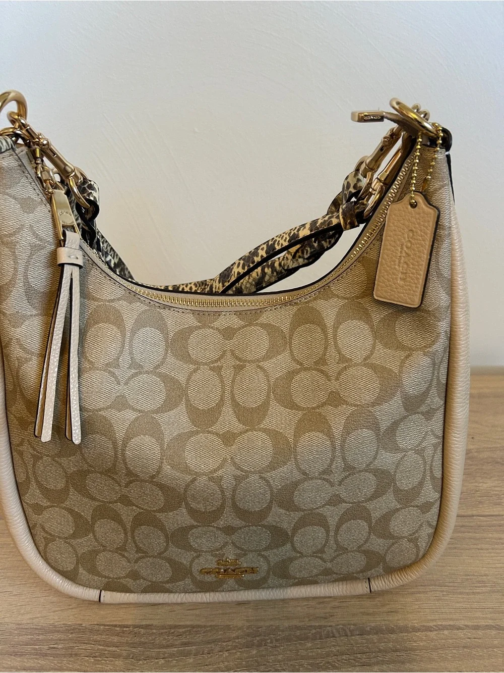 Coach Signature Canvas Hobo Bag in Khaki/Chalk with Animal-Print Strap